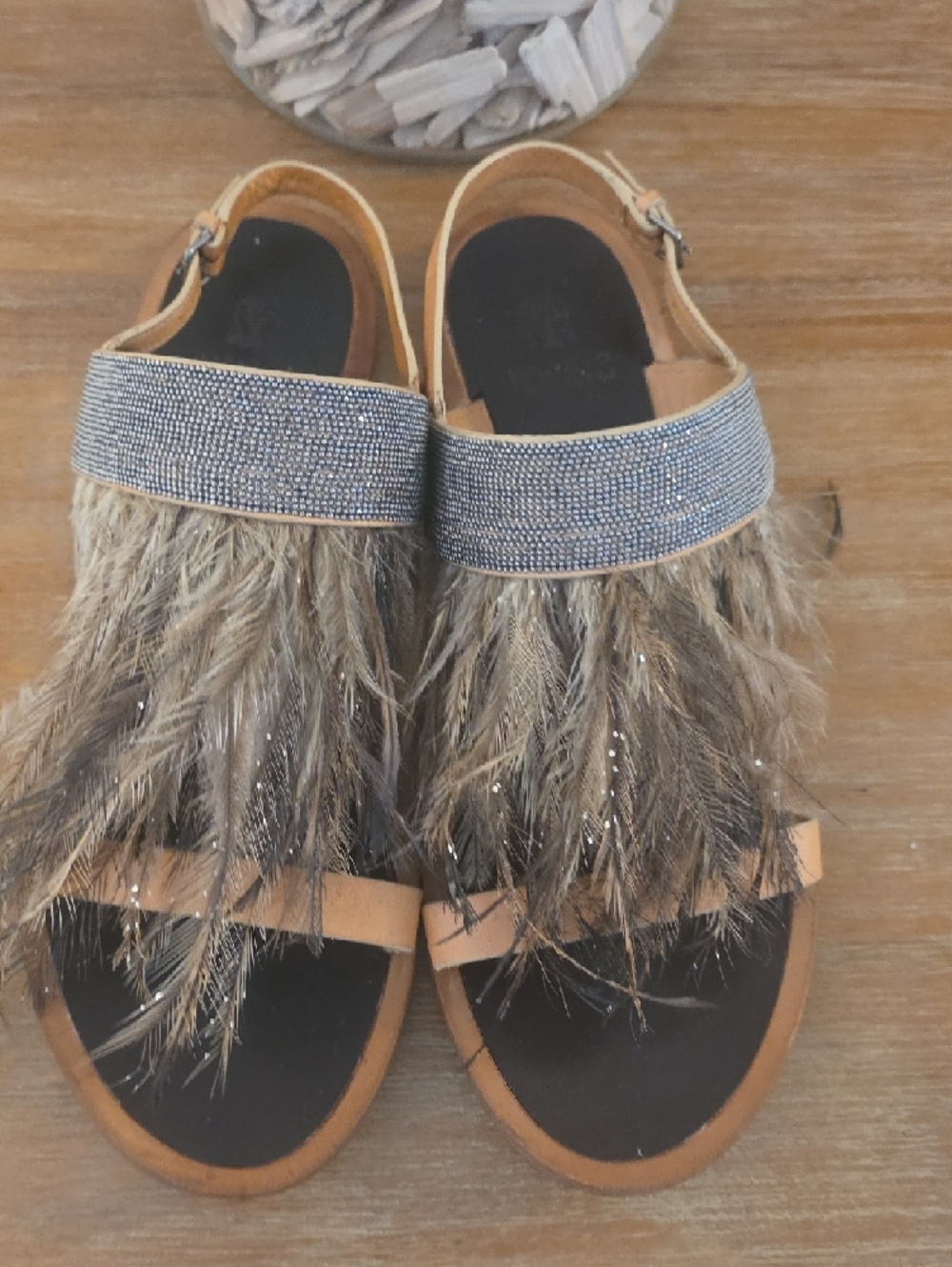 Brunello Cucinelli Ostrich Feather-Trim Slide Sandals in Brown and Black - Picture 3 of 8
